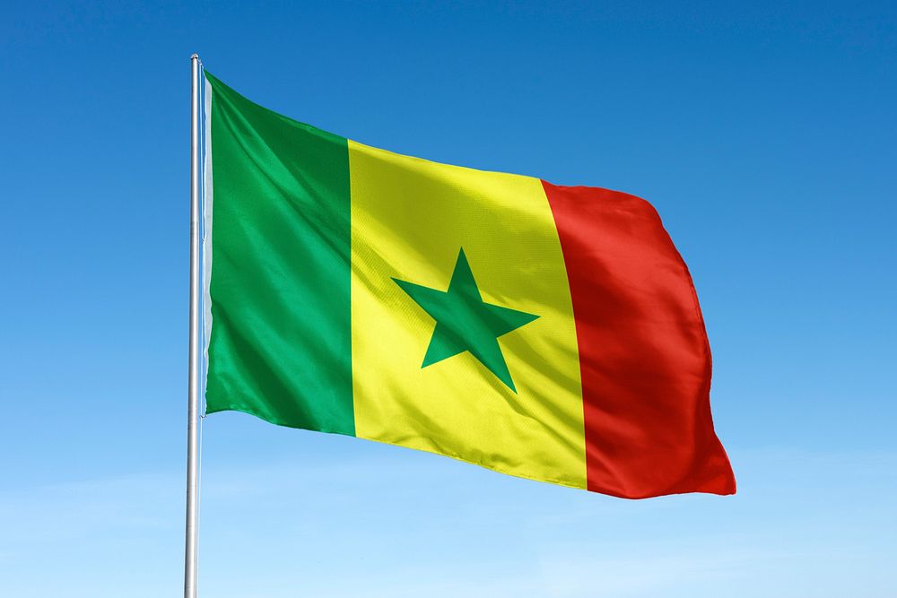 Waving Senegal flag, national symbol, blue sky