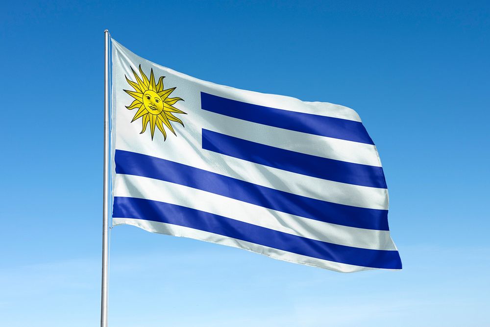 Waving Uruguay flag, national symbol, blue sky