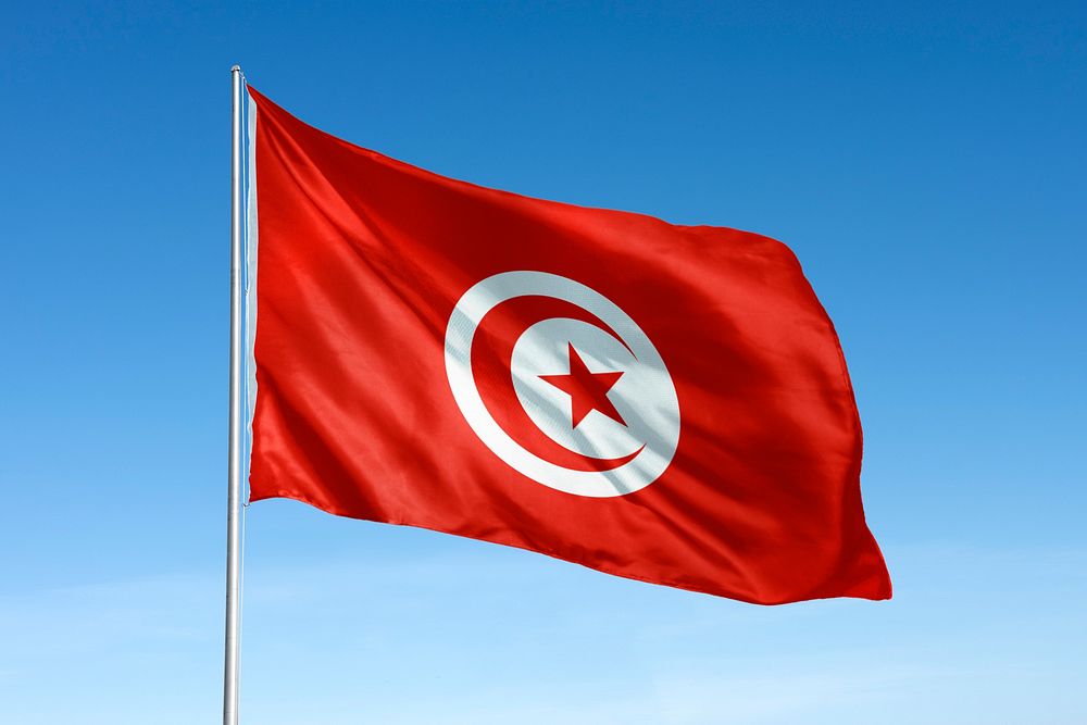 Waving Tunisia flag, national symbol, blue sky