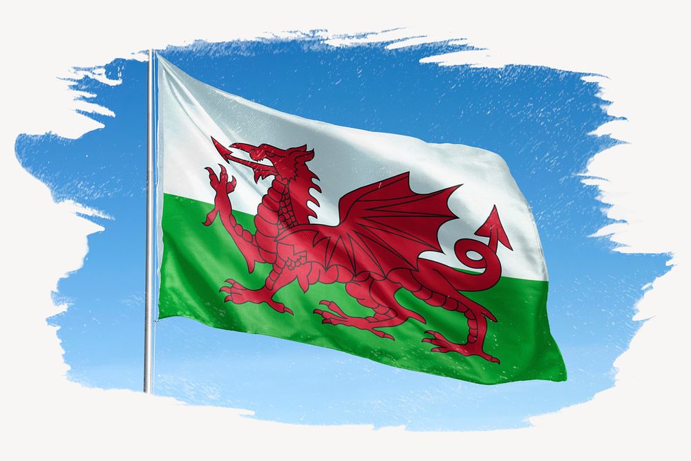 Waving Welsh flag, brush stroke, national symbol graphic