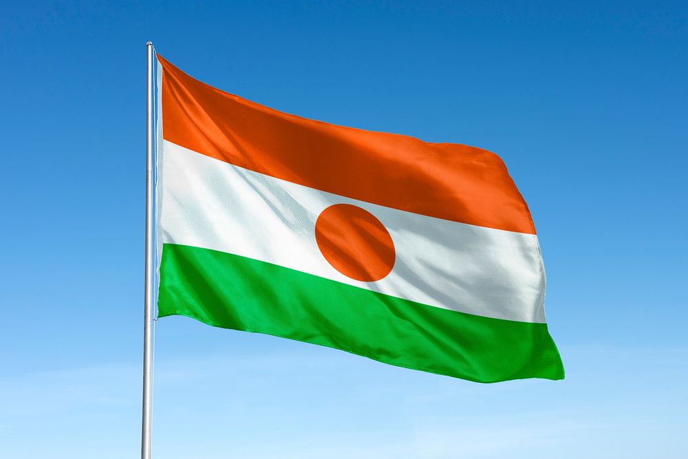 Waving Niger flag, national symbol, blue sky