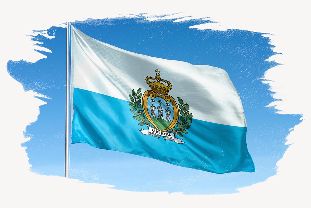 Waving San Marino flag, brush stroke, national symbol graphic