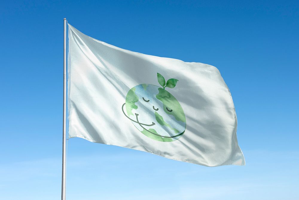 Waving Earth flag, national symbol, blue sky