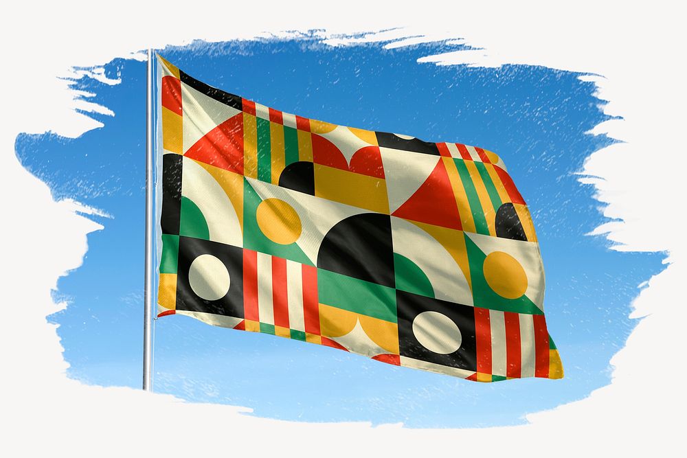 Waving Bauhaus inspired patterned flag, brush stroke, national symbol graphic