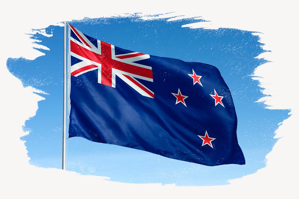 Waving New Zealand flag, brush stroke, national symbol graphic