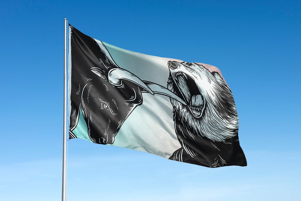 Waving bull and bear fighting flag graphic, blue sky
