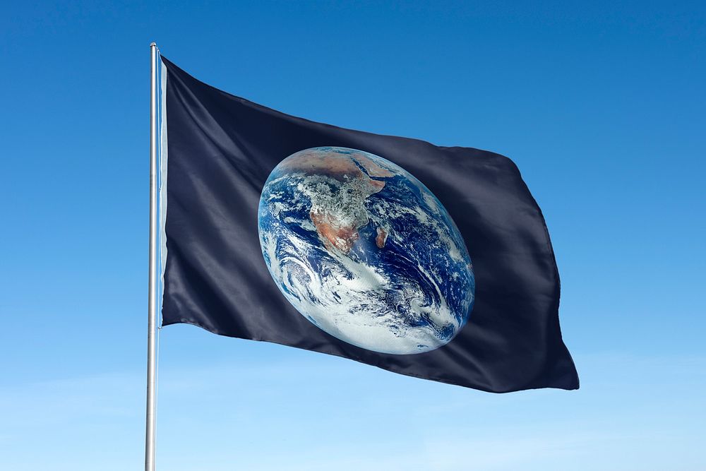 Waving Earth blue flag, blue sky