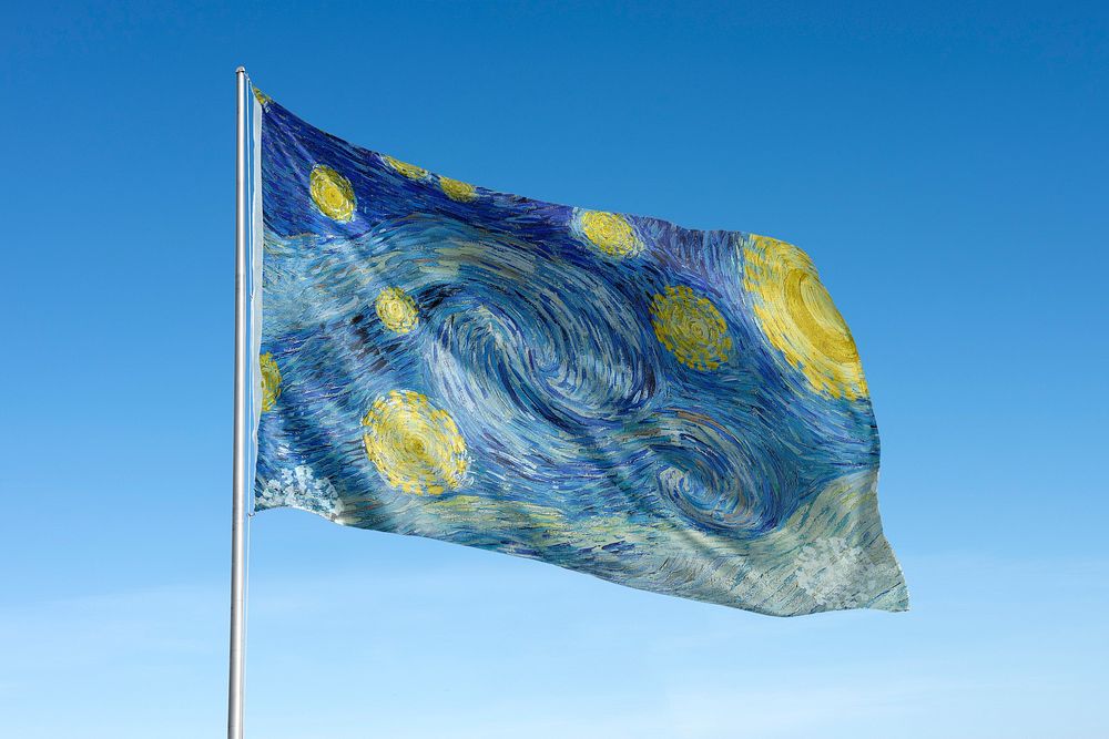 Waving Vincent Van Gogh's The Starry Night flag, famous artwork remixed by rawpixel.