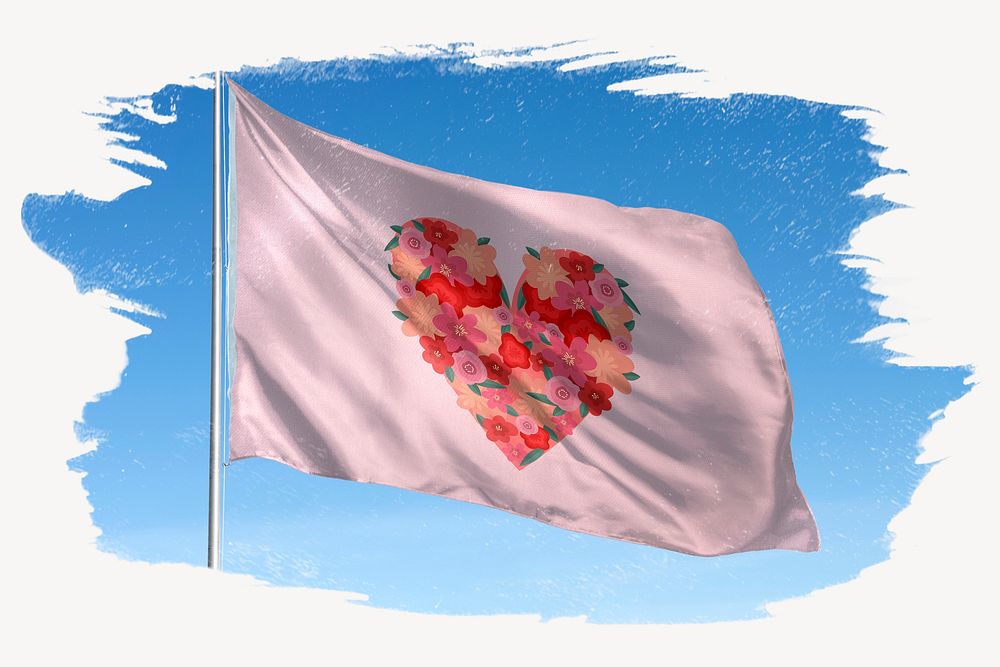 Waving floral heart flag, brush stroke, blue sky