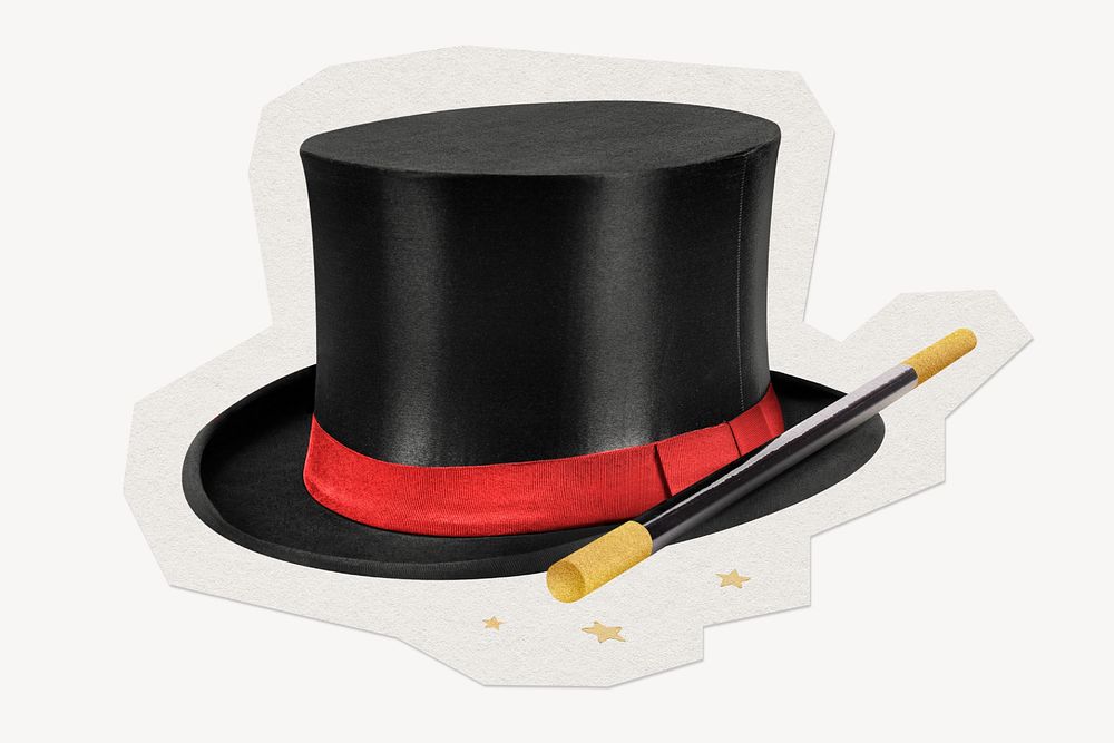 Magician's hat and wand clipart sticker, paper craft collage element