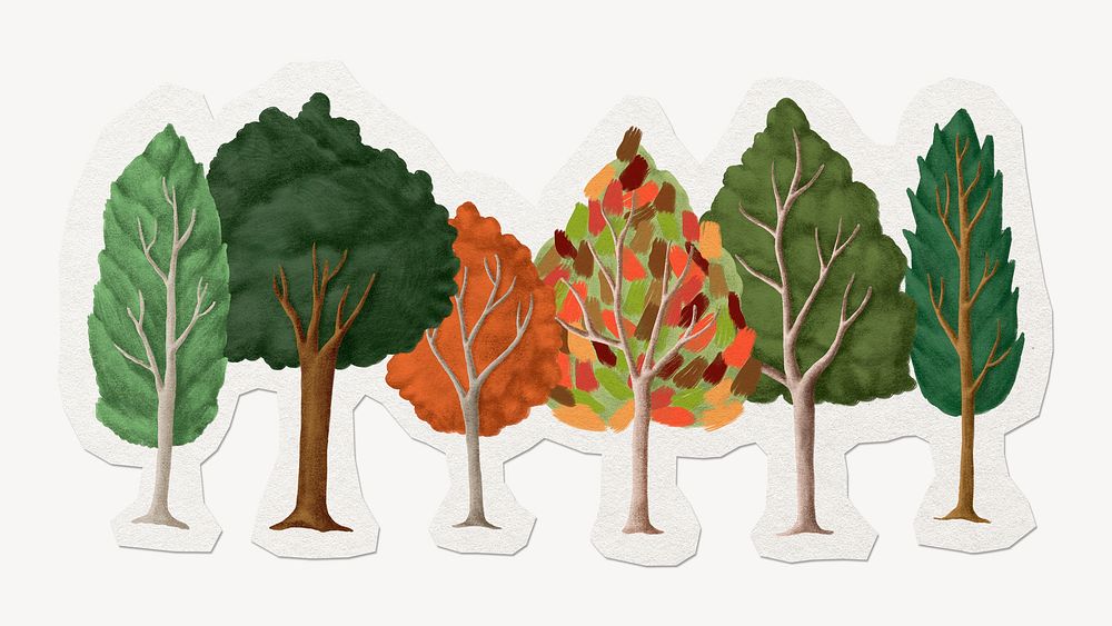 Trees, all seasons sticker, paper craft collage element