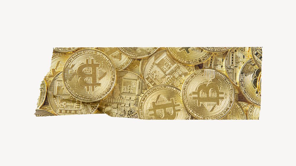 Golden bitcoin, investment tape on off white background