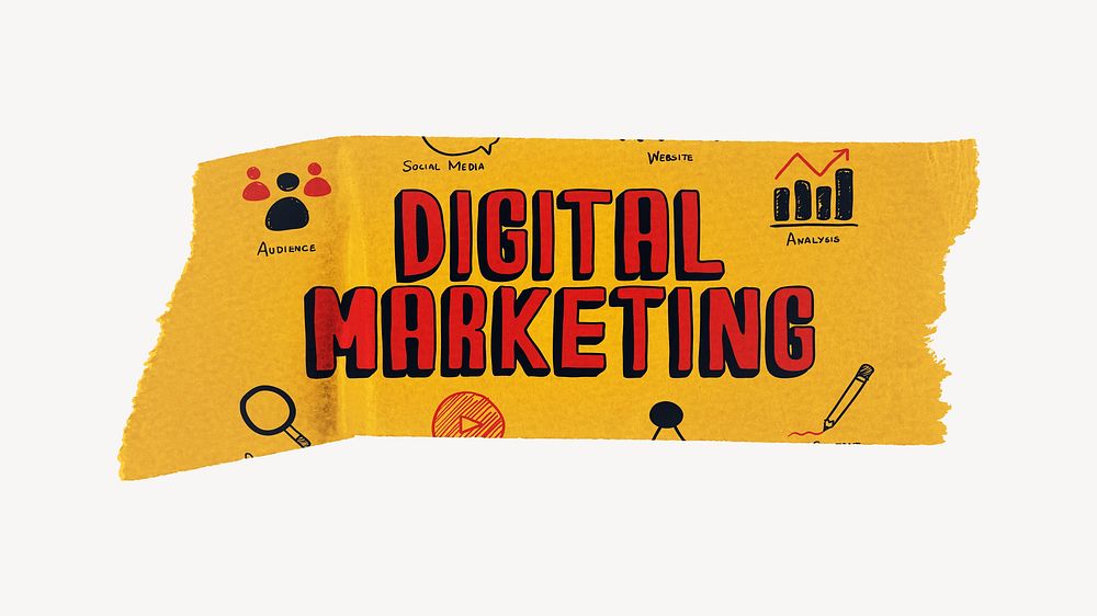 Digital marketing word, yellow tape typography