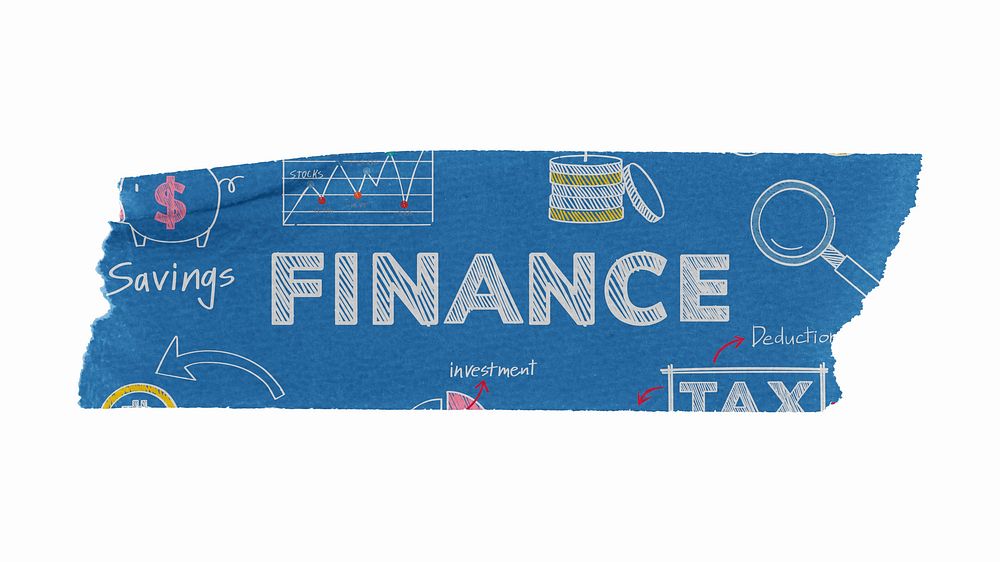 Finance word, blue tape typography