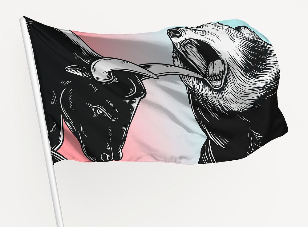 Waving bull and bear fighting flag graphic