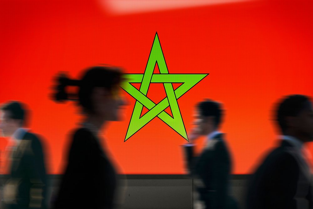 Morocco flag led screen, silhouette people