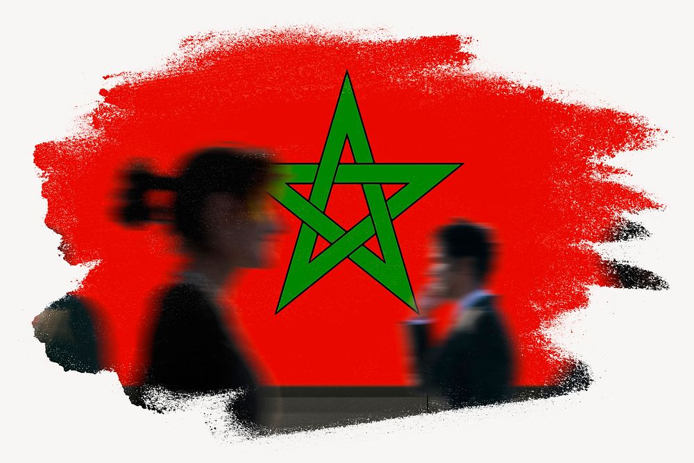 Morocco flag brush stroke, silhouette people