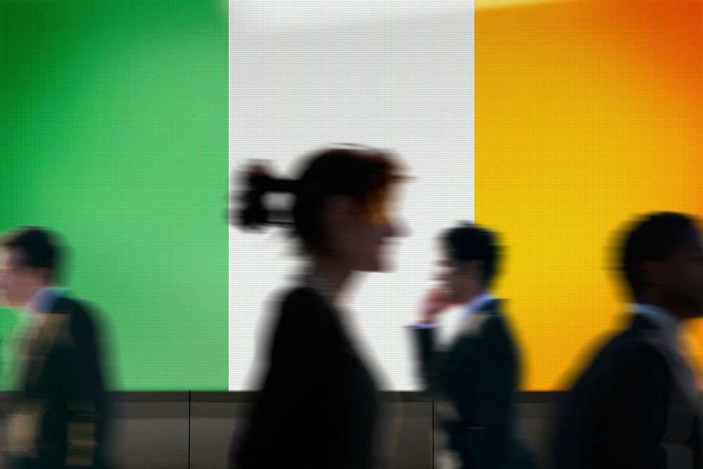 Irish flag led screen, silhouette people