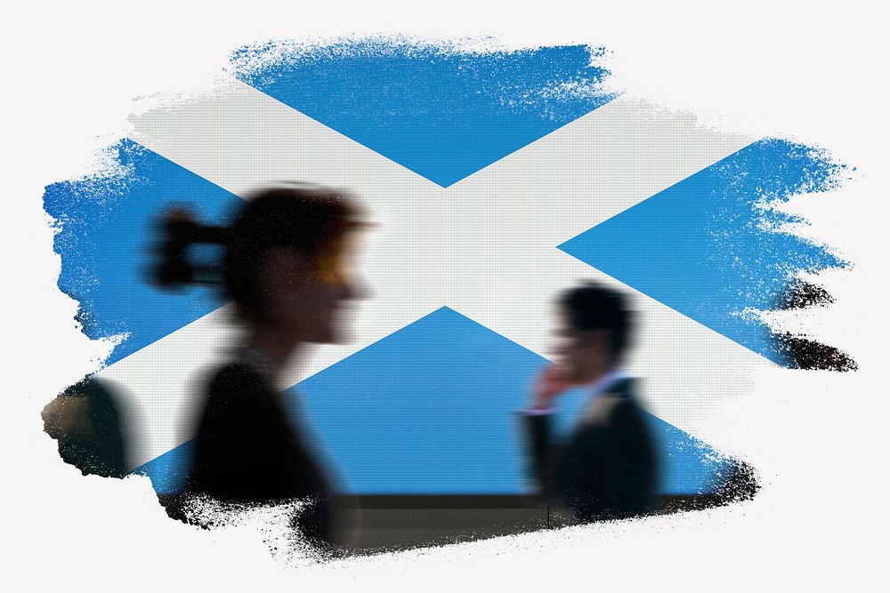 Scotland flag brush stroke, silhouette people