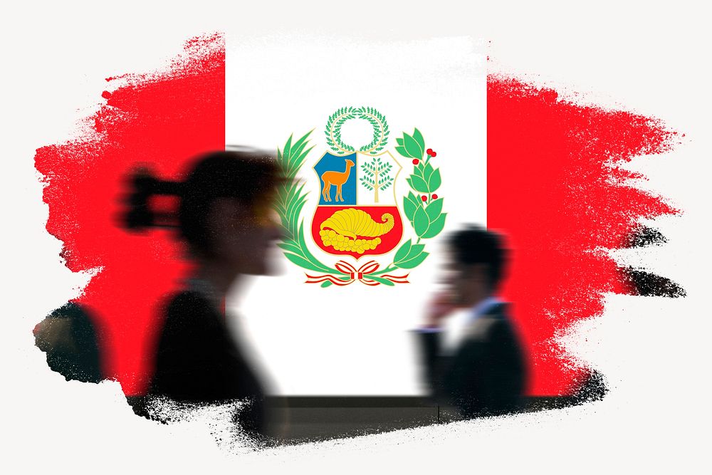 Peru flag brush stroke, silhouette people
