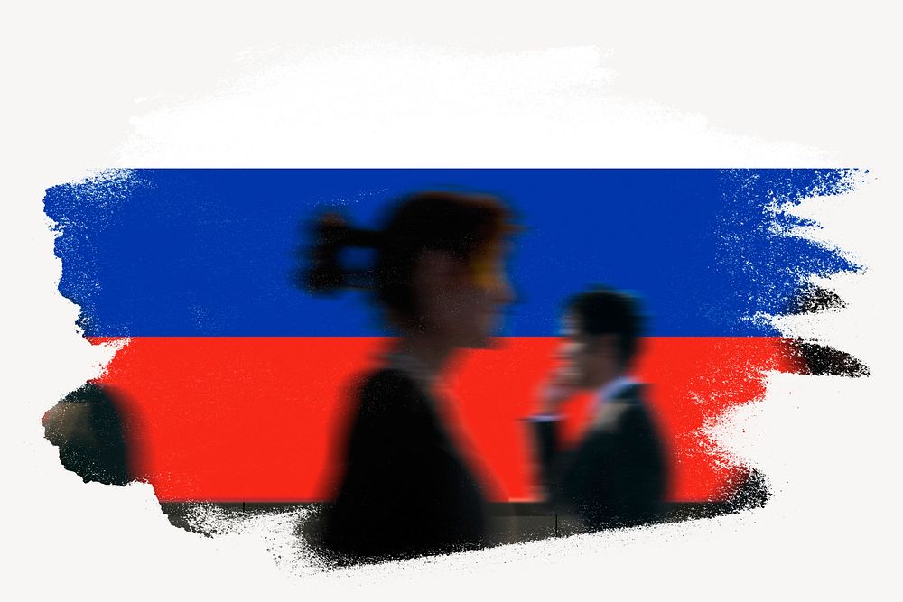 Russia flag brush stroke, silhouette people