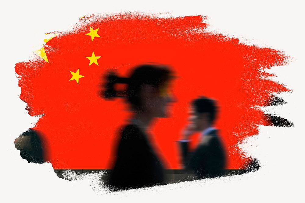 China flag brush stroke, silhouette people