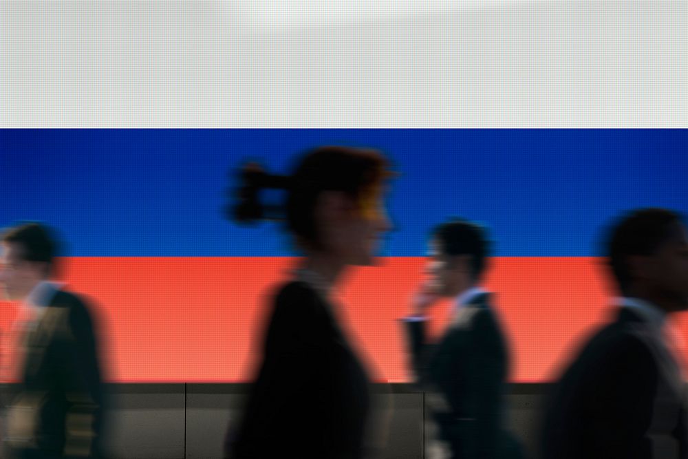Russia flag led screen, silhouette people