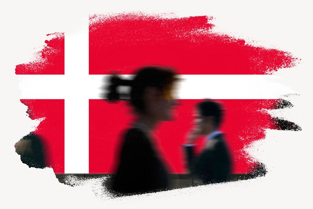Denmark flag brush stroke, silhouette people