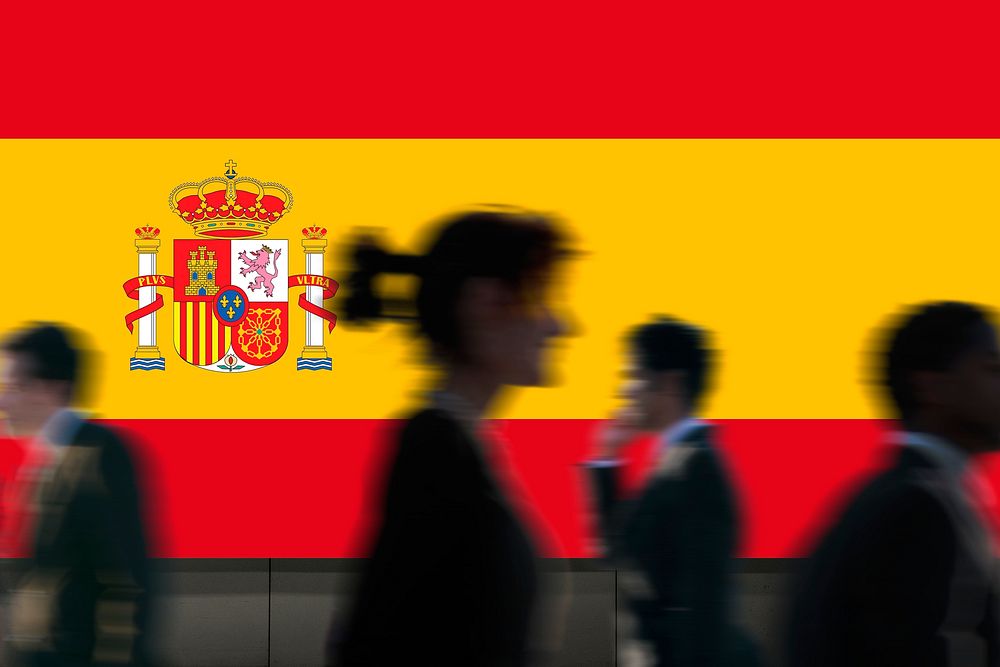 Spain flag led screen, silhouette people