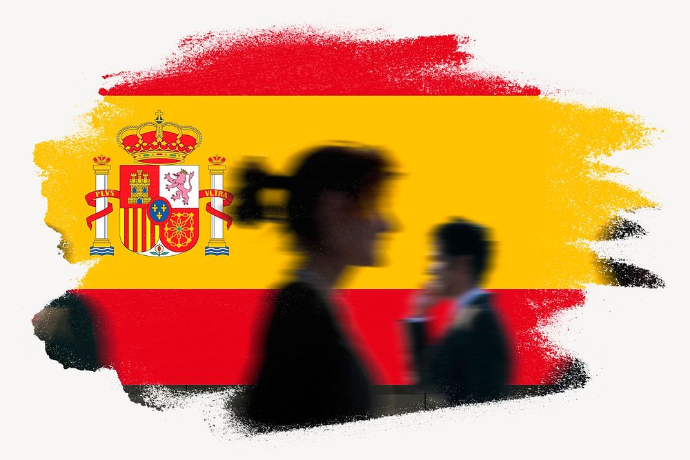 Spain flag brush stroke, silhouette people