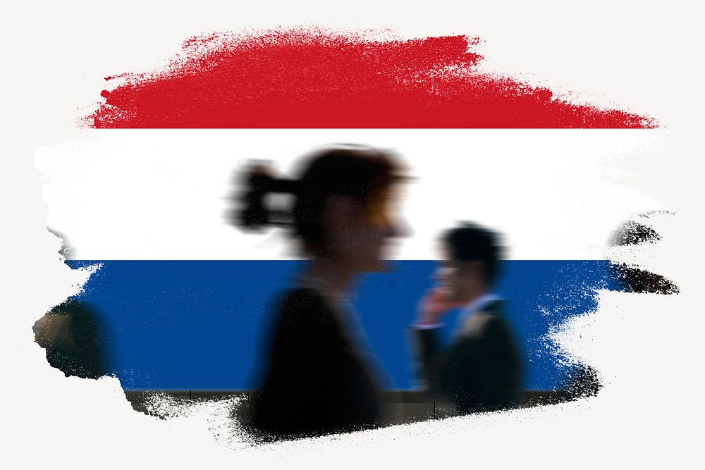 Netherlands flag brush stroke, silhouette people