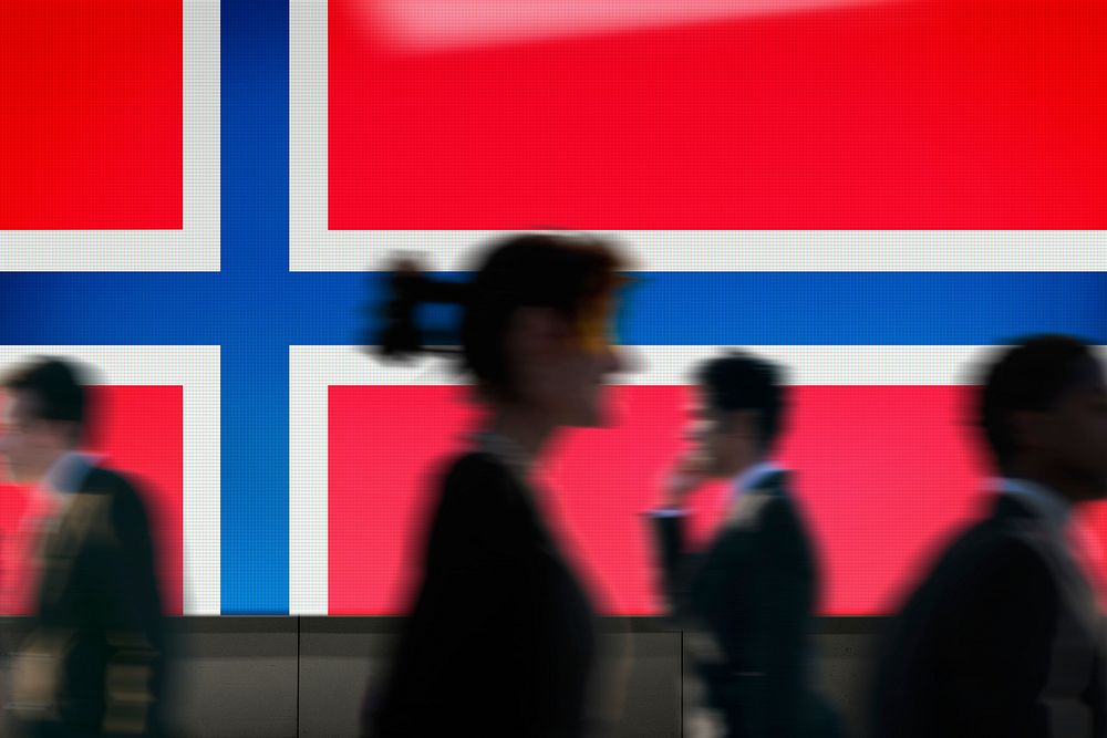 Iceland flag led screen, silhouette people