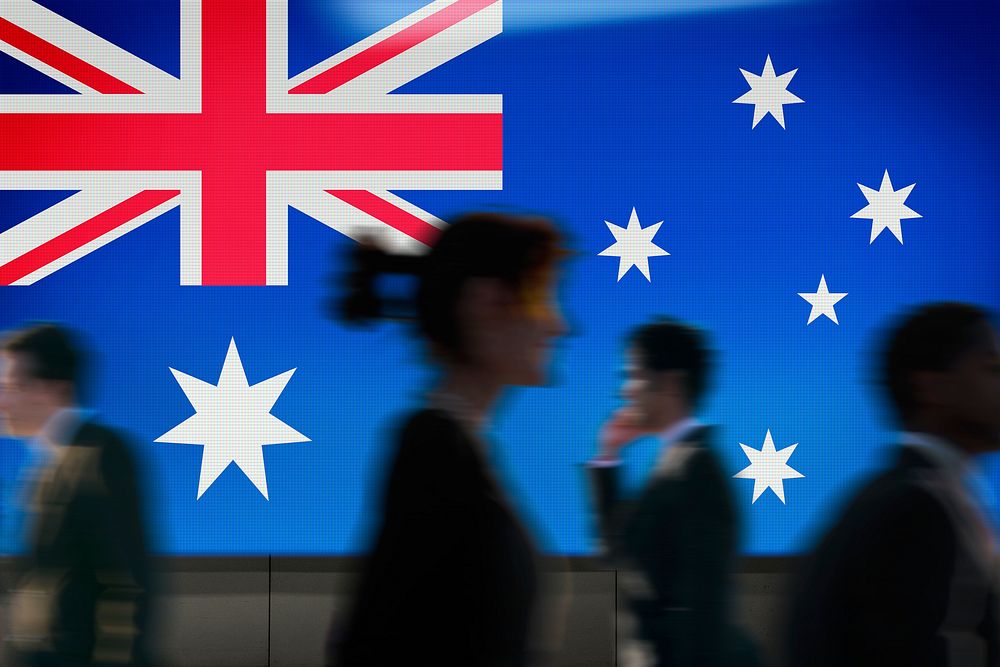 Australia flag led screen, silhouette people