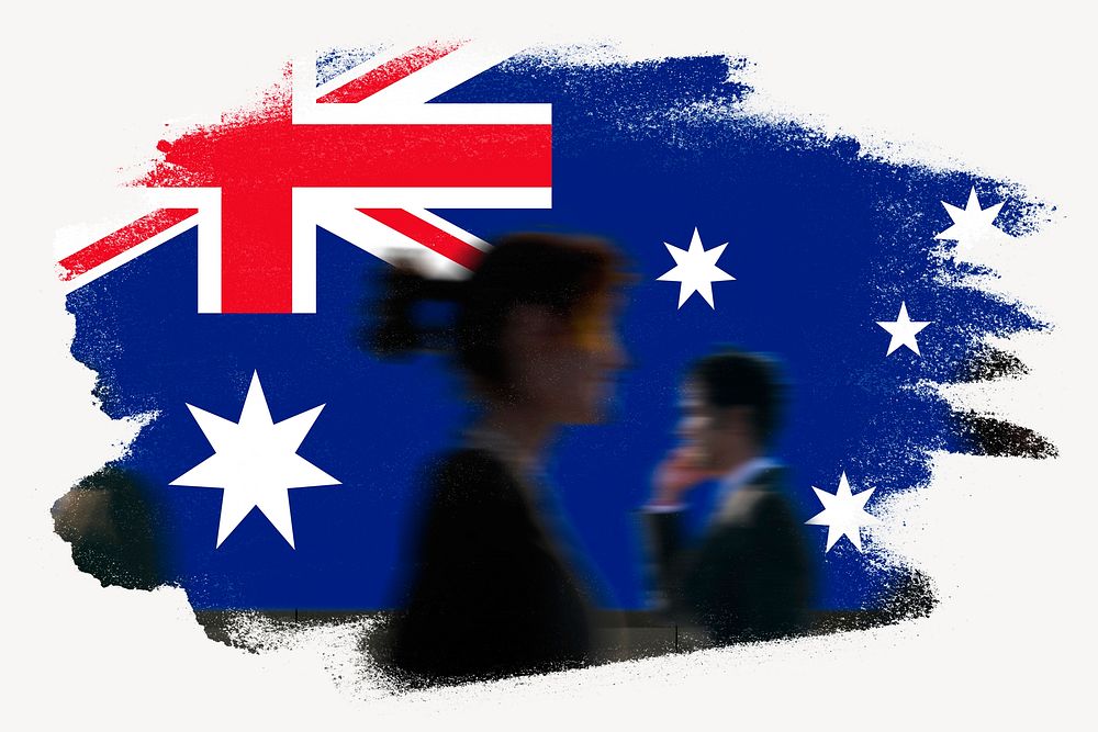 Australia flag brush stroke, silhouette people