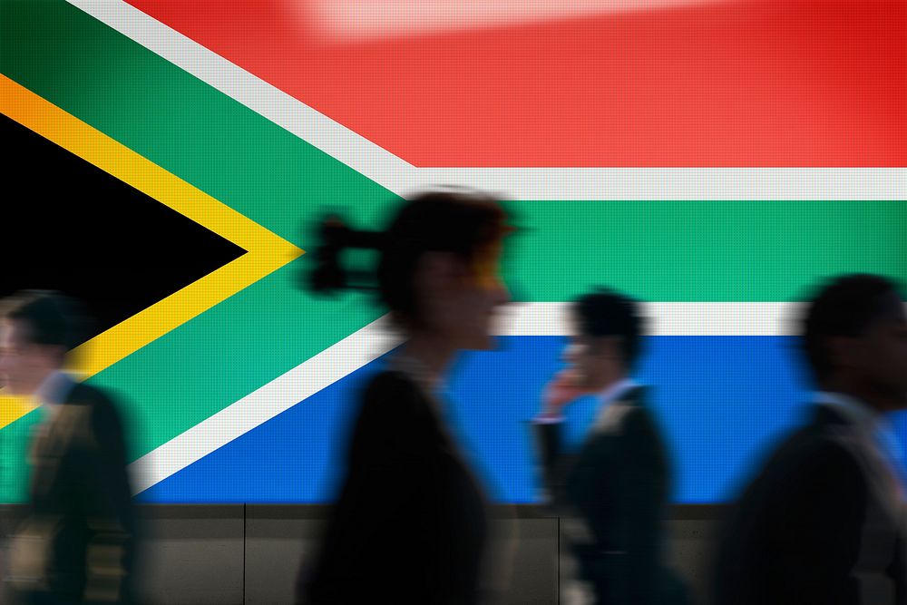 South African flag led screen, silhouette people