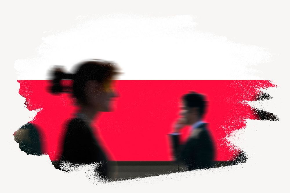 Poland flag brush stroke, silhouette people