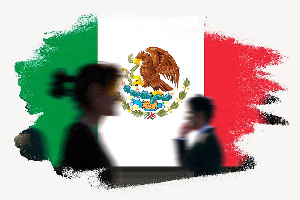 Mexico flag brush stroke, silhouette people