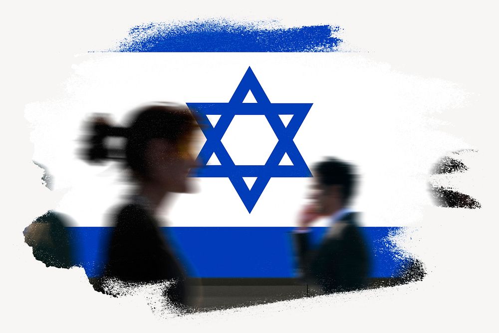 Israel flag brush stroke, silhouette people