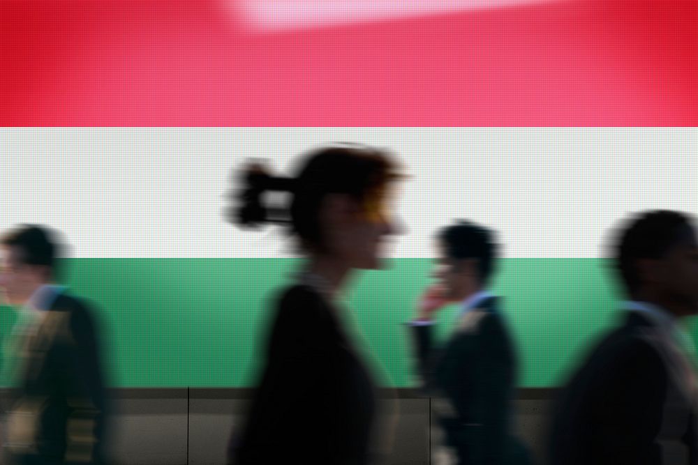 Hungary flag led screen, silhouette people