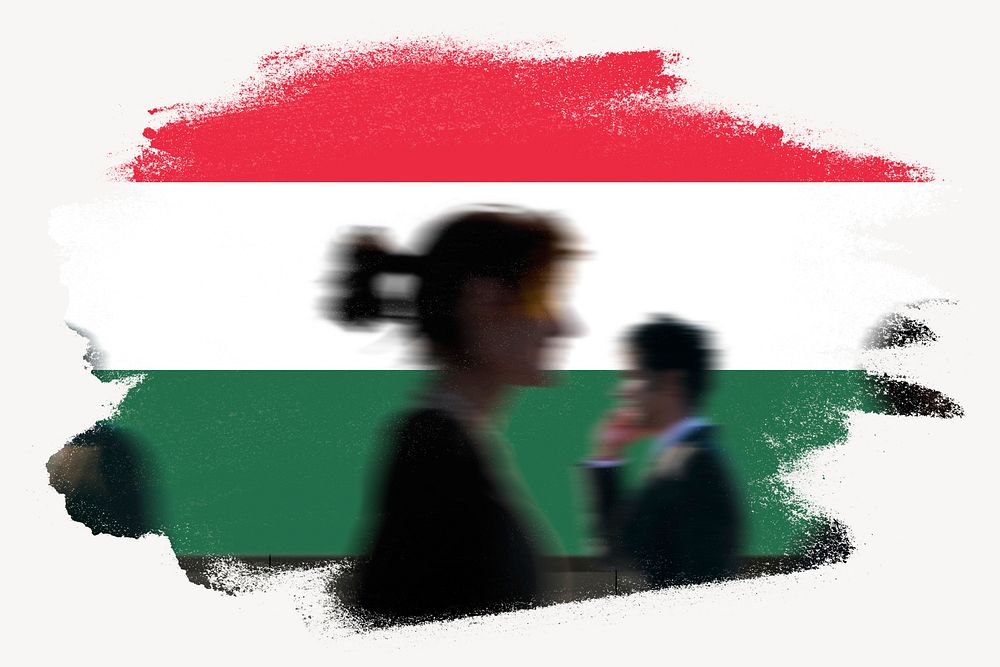 Hungary flag brush stroke, silhouette people