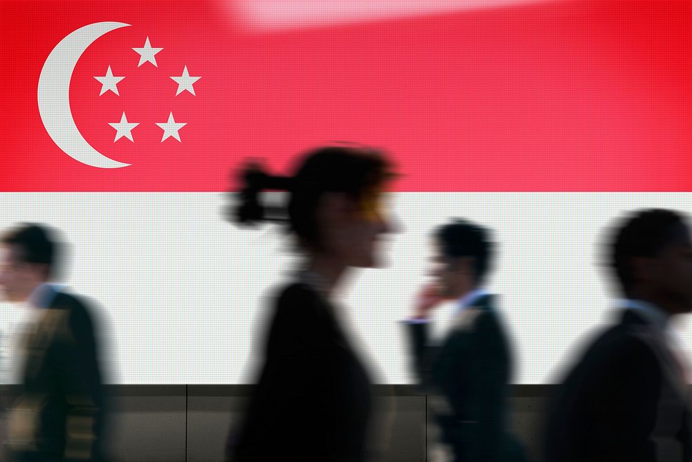 Singapore flag led screen, silhouette people
