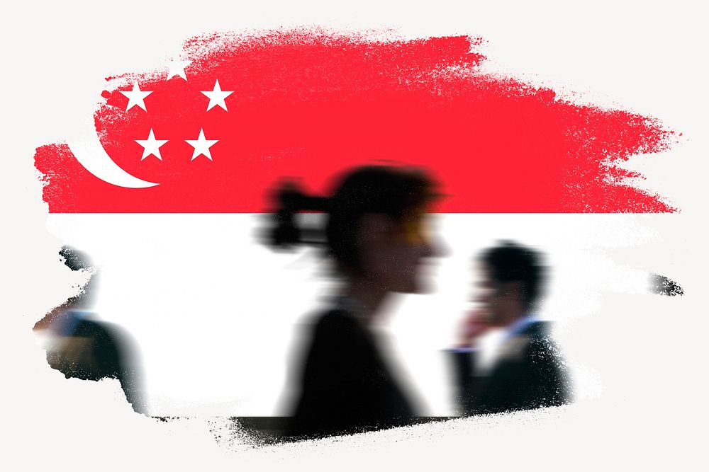 Singapore flag brush stroke, silhouette people