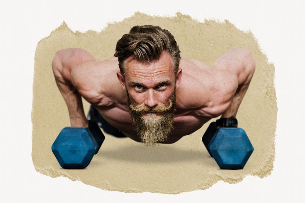 Man doing push-up, ripped paper collage element