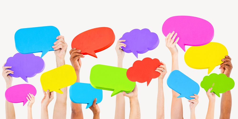 Diverse hands holding speech bubbles isolated image psd