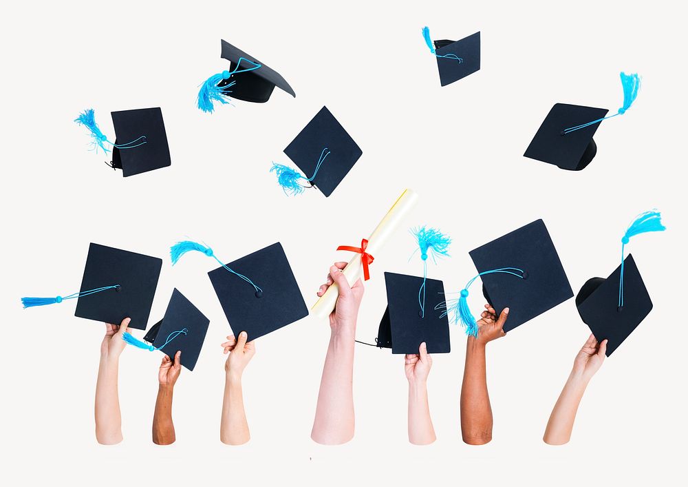 Hands throwing graduation hats sticker, education image psd