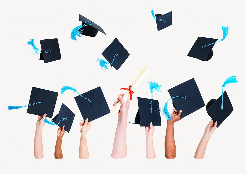 Hands throwing graduation hats, education isolated image