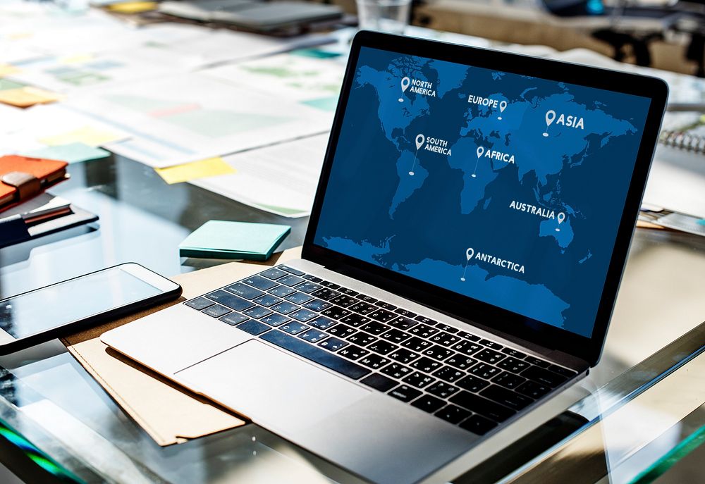 Graphic of global communication connected online community on laptop