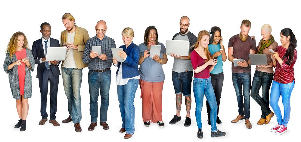 A group of diverse people is using digital devices
