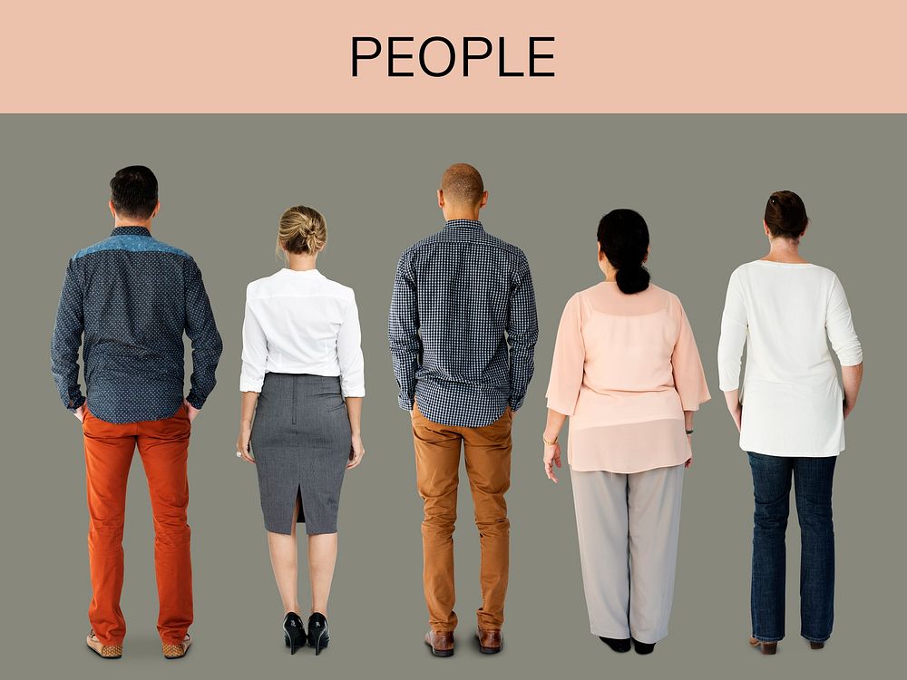 Group of Diverse People Turn Back Side Set Studio Isolated