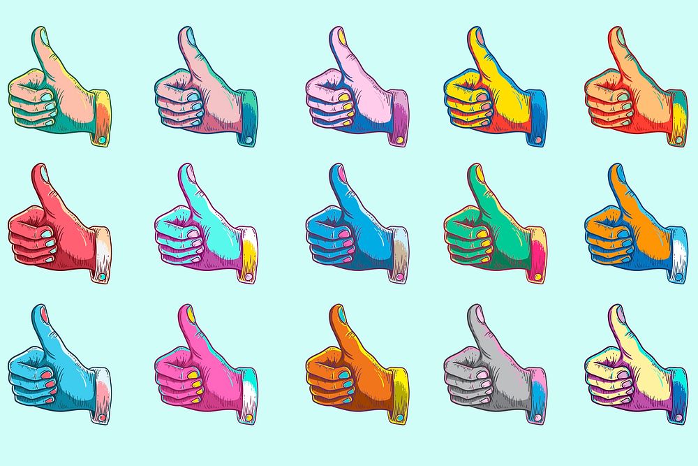 Thumbs up collage element, retro illustration set psd